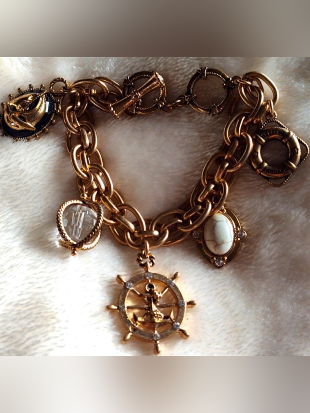 Vintage Nautical Charm Bracelet w anchor, life preserver, sailboat, crystals*